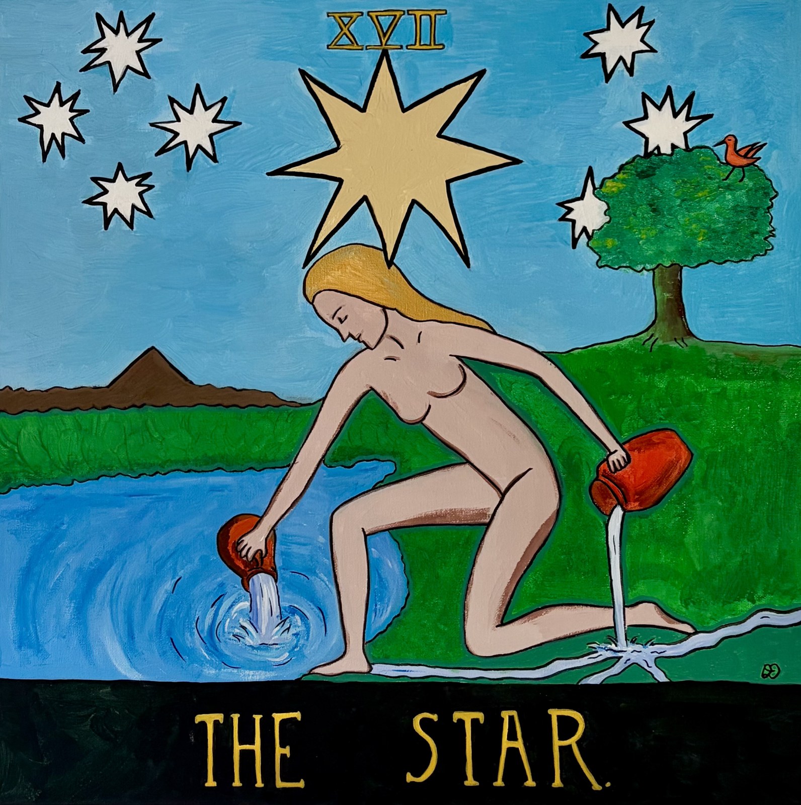 The Star tarot painting — a figure pouring water beneath a golden eight-pointed star
