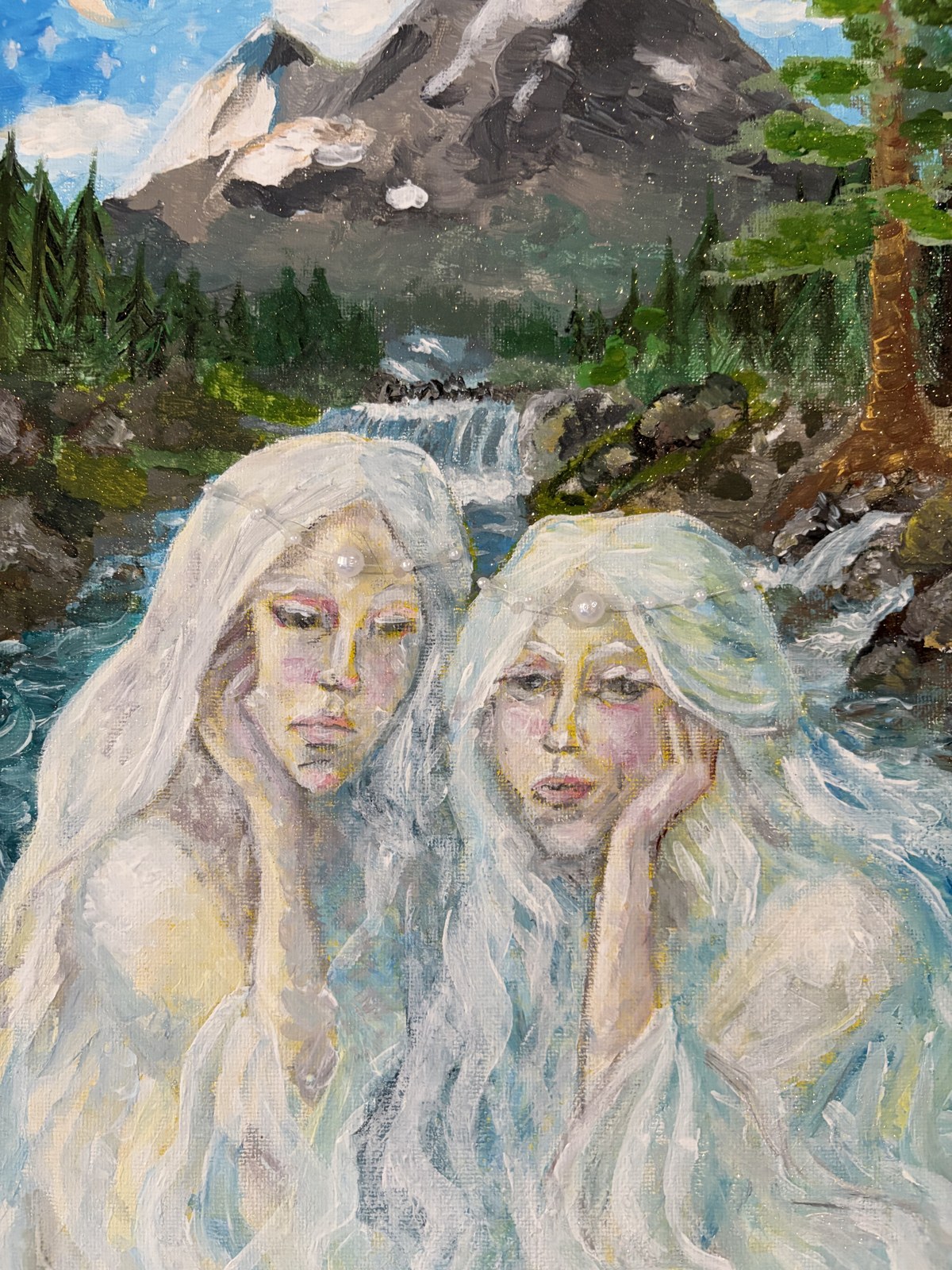 River Maidens painting — two pale water spirits with pearl crowns before a mountain waterfall