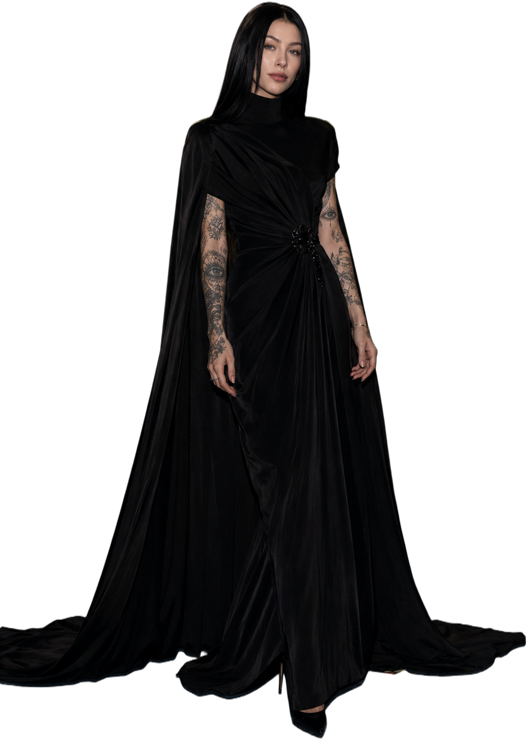 The Mystic Queen — the artist in a flowing black velvet gown and cape
