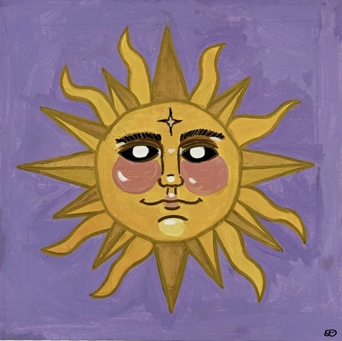 The Sun painting — a golden sun with a serene face and a star between its brows on a lavender ground