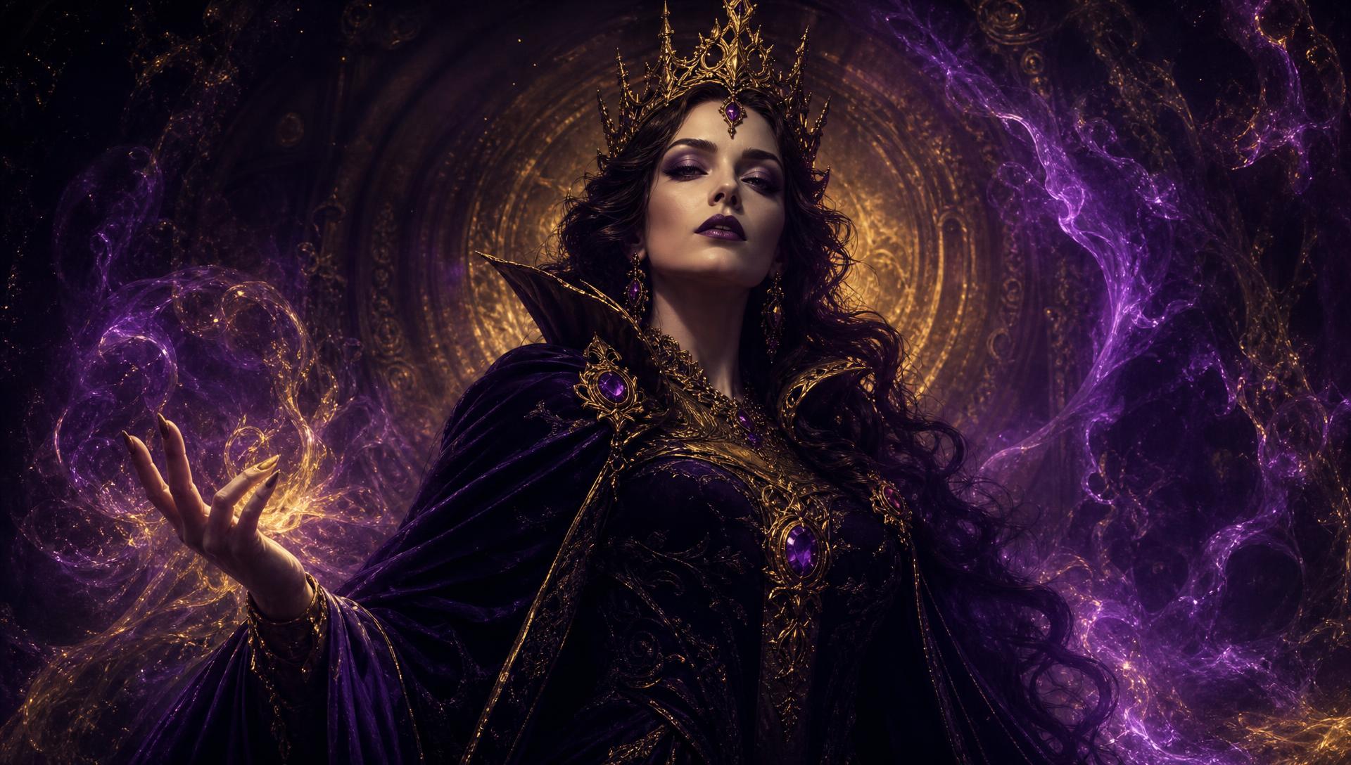 Mystical queen surrounded by purple and gold magical energy