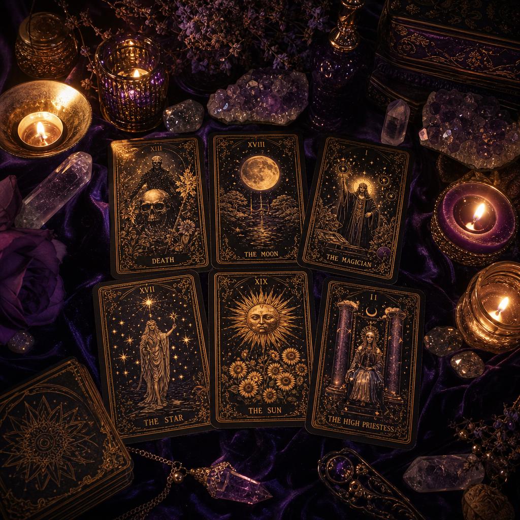 Tarot cards with candles and crystals on purple velvet